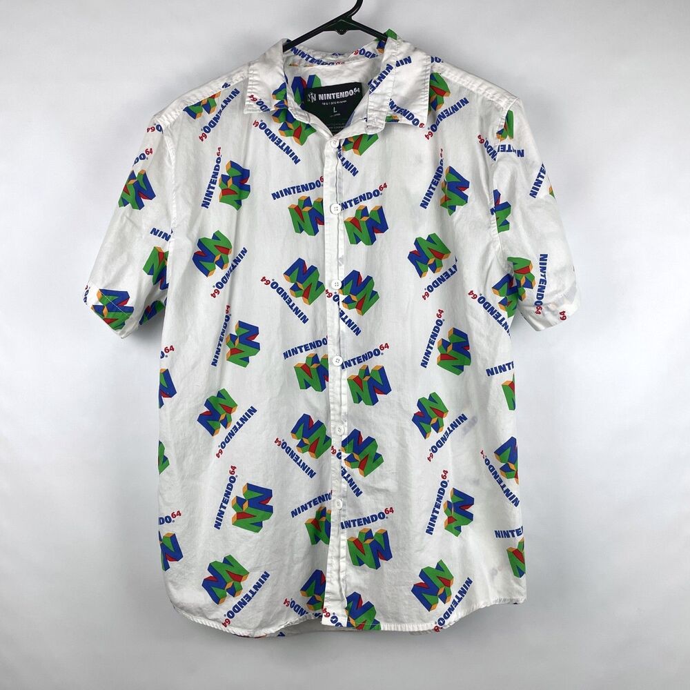 Nintendo 64 Men's L All Over Print AOP Button Shirt White Graphic Logo 2018